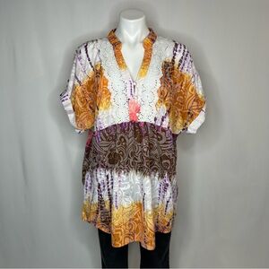 Eyeshadow Tie Dye Batik Babydoll Tunic with Mandarin Collar, 2XL